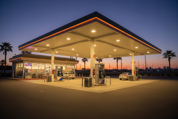 gas station forecourt in the evening